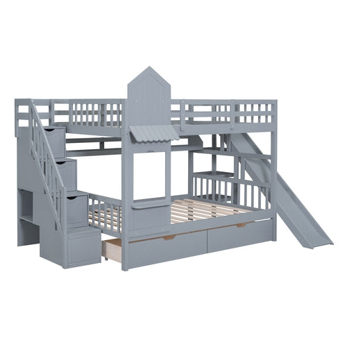 Castle-Style Bunk Bed Full Over Full – Solid Wood with Storage