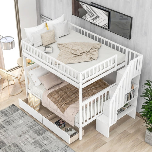 LuneluX Full-Over-Full Bunk Bed with Storage Drawers – White