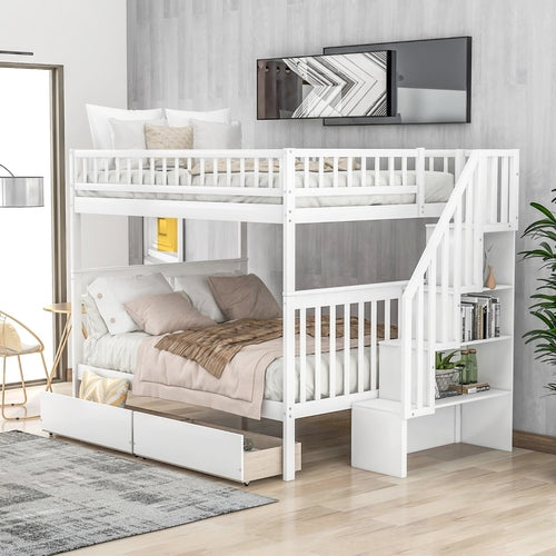 LuneluX Full-Over-Full Bunk Bed with Storage Drawers – White