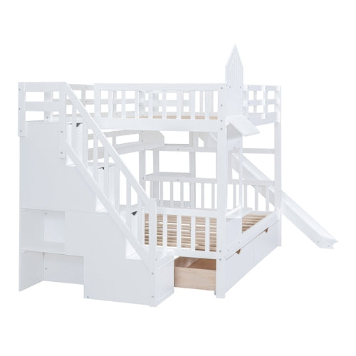 Castle-Style Bunk Bed Full Over Full – Solid Wood with Storage