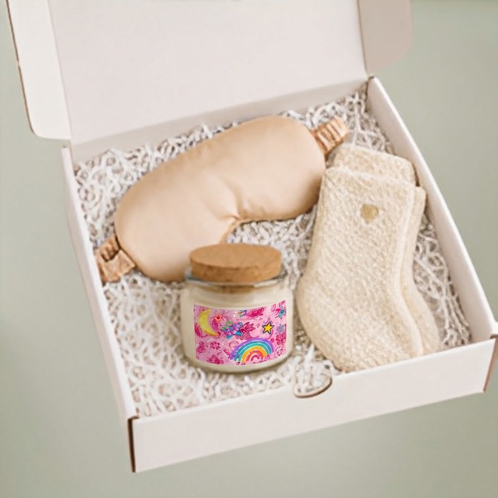 Relaxing Soy Candle & Eye Mask Gift Set — Pink Rainbow Moon Spa Kit