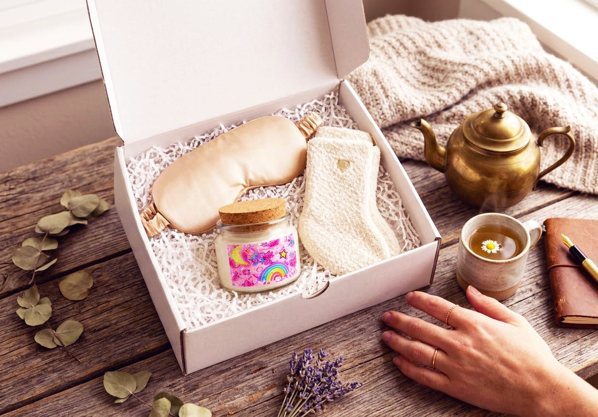 Relaxing Soy Candle & Eye Mask Gift Set — Pink Rainbow Moon Spa Kit