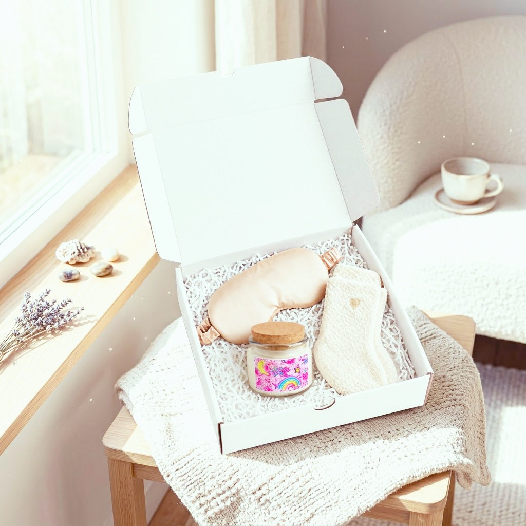 Relaxing Soy Candle & Eye Mask Gift Set — Pink Rainbow Moon Spa Kit