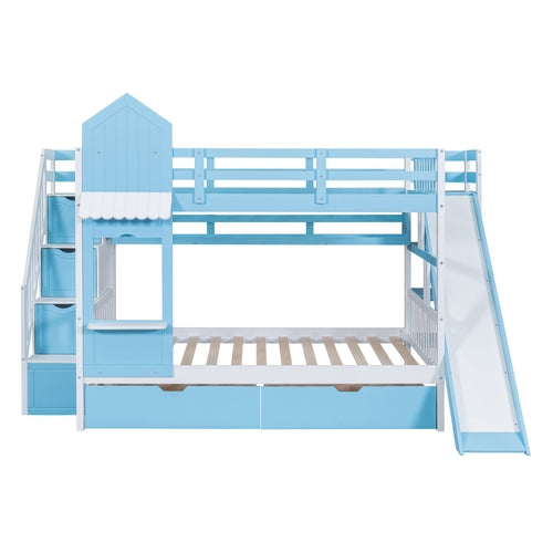Castle-Style Bunk Bed Full Over Full – Solid Wood with Storage