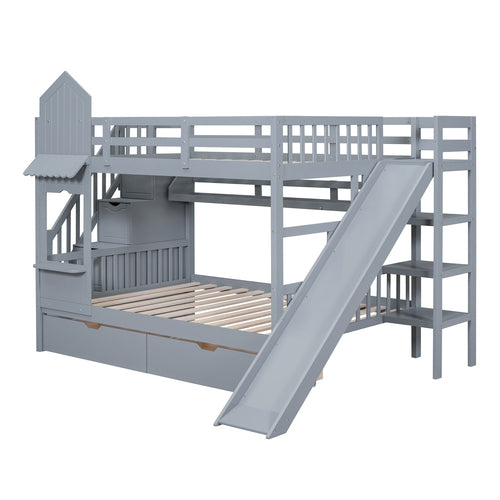 Castle-Style Bunk Bed Full Over Full – Solid Wood with Storage