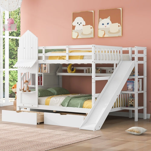 Castle-Style Bunk Bed Full Over Full – Solid Wood with Storage