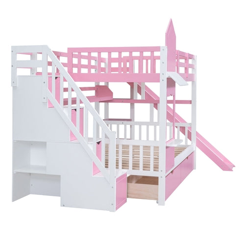 Castle-Style Bunk Bed Full Over Full – Solid Wood with Storage