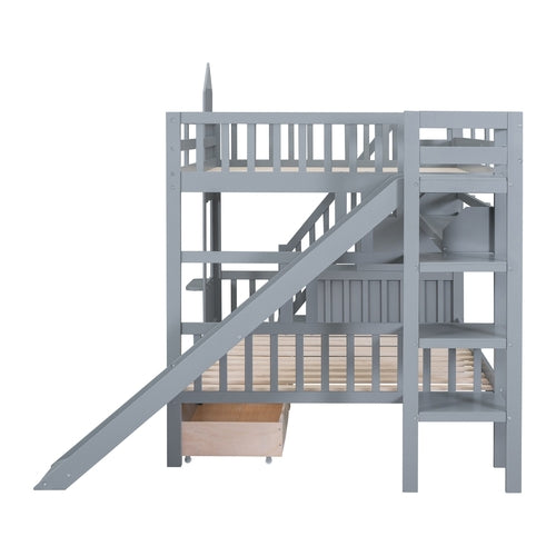 Castle-Style Bunk Bed Full Over Full – Solid Wood with Storage