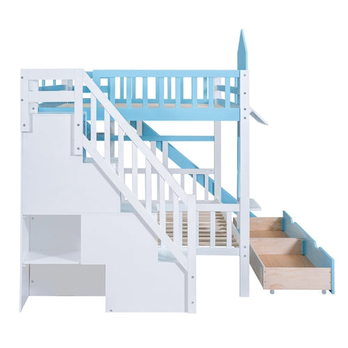 Castle-Style Bunk Bed Full Over Full – Solid Wood with Storage