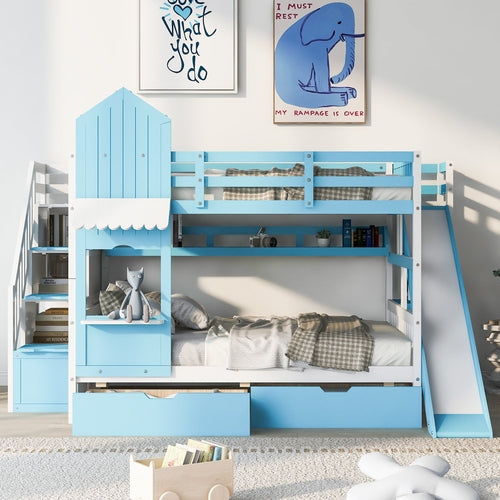 Castle-Style Bunk Bed Full Over Full – Solid Wood with Storage