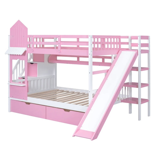 Castle-Style Bunk Bed Full Over Full – Solid Wood with Storage