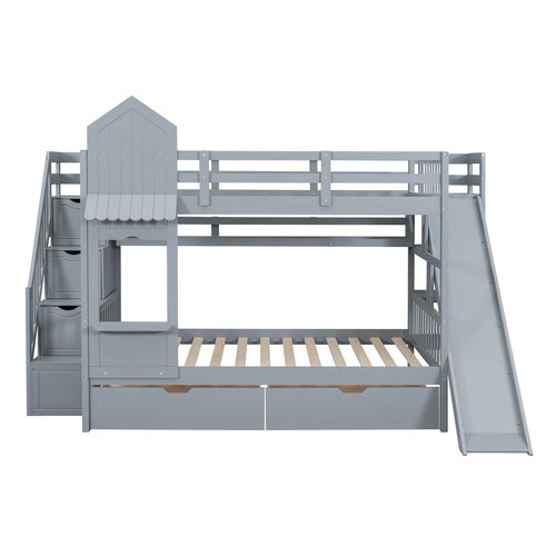 Castle-Style Bunk Bed Full Over Full – Solid Wood with Storage