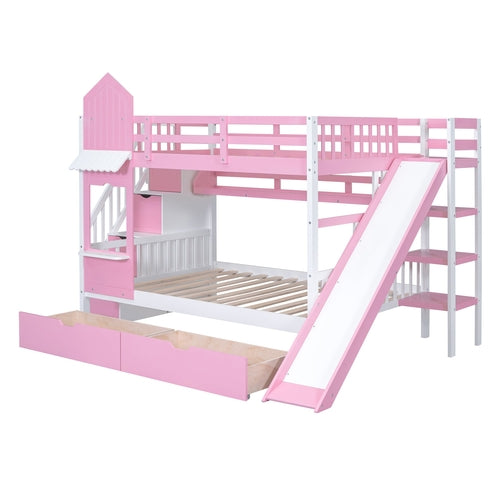 Castle-Style Bunk Bed Full Over Full – Solid Wood with Storage