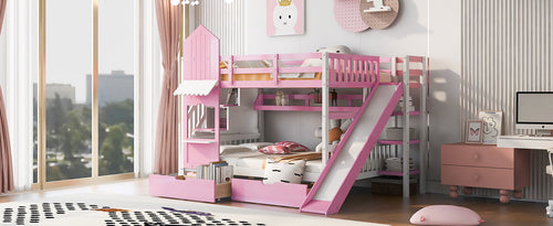 Castle-Style Bunk Bed Full Over Full – Solid Wood with Storage