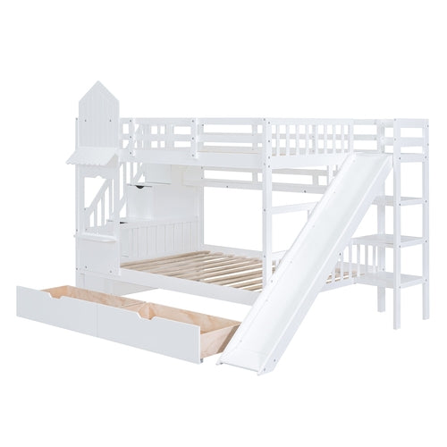 Castle-Style Bunk Bed Full Over Full – Solid Wood with Storage