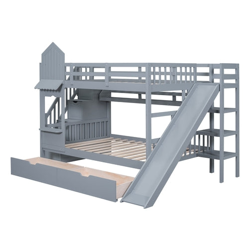 Castle-Style Bunk Bed Full Over Full – Solid Wood with Storage