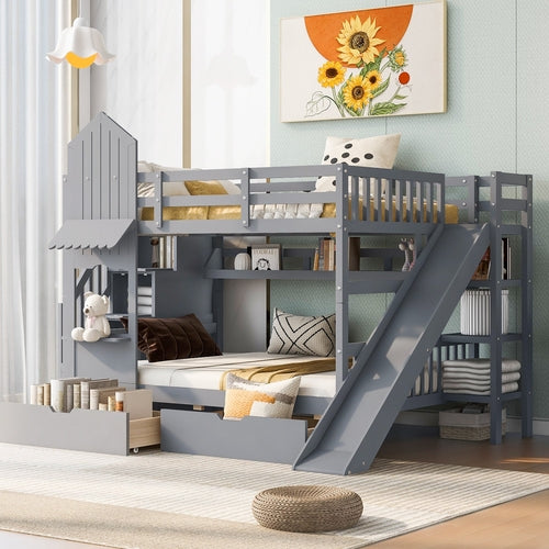 Castle-Style Bunk Bed Full Over Full – Solid Wood with Storage