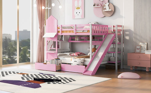 Castle-Style Bunk Bed Full Over Full – Solid Wood with Storage
