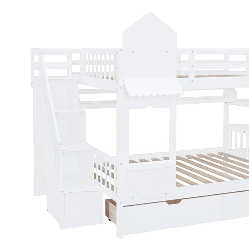 Castle-Style Bunk Bed Full Over Full – Solid Wood with Storage