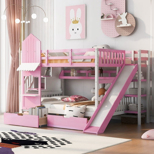 Castle-Style Bunk Bed Full Over Full – Solid Wood with Storage