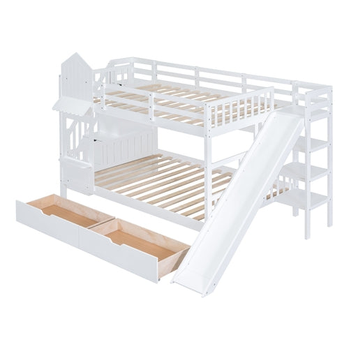 Castle-Style Bunk Bed Full Over Full – Solid Wood with Storage