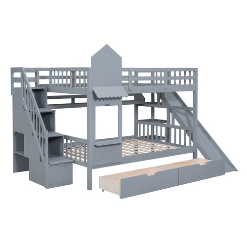 Castle-Style Bunk Bed Full Over Full – Solid Wood with Storage