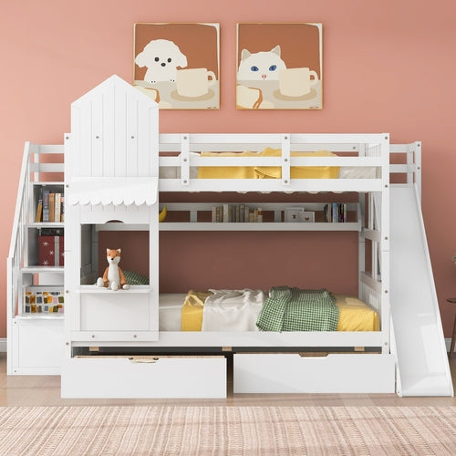 Castle-Style Bunk Bed Full Over Full – Solid Wood with Storage
