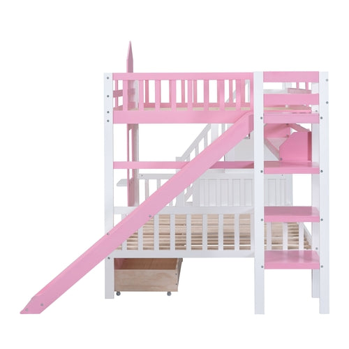 Castle-Style Bunk Bed Full Over Full – Solid Wood with Storage