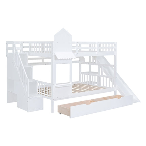 Castle-Style Bunk Bed Full Over Full – Solid Wood with Storage