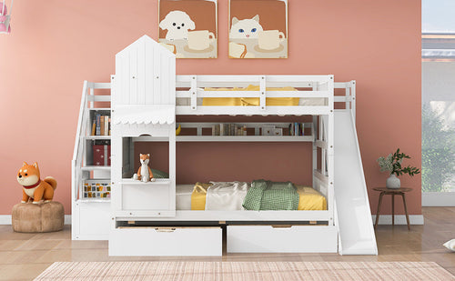 Castle-Style Bunk Bed Full Over Full – Solid Wood with Storage