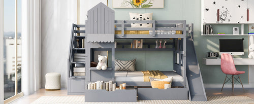 Castle-Style Bunk Bed Full Over Full – Solid Wood with Storage