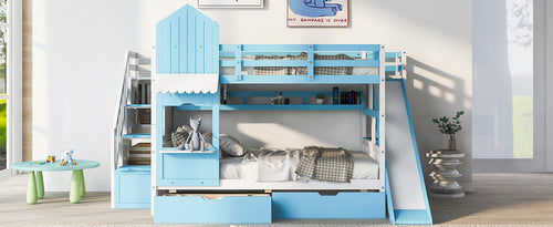 Castle-Style Bunk Bed Full Over Full – Solid Wood with Storage