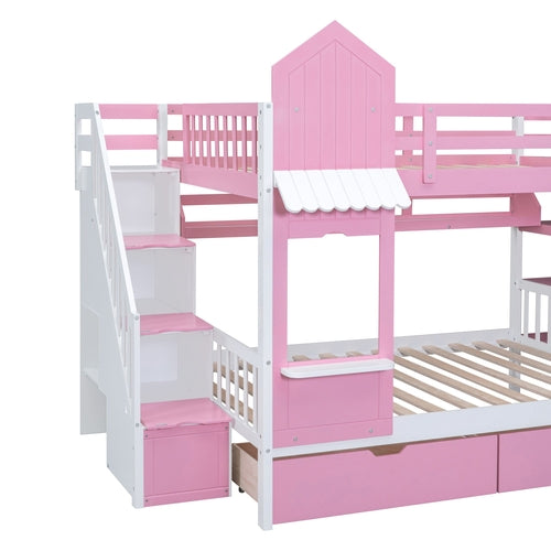 Castle-Style Bunk Bed Full Over Full – Solid Wood with Storage