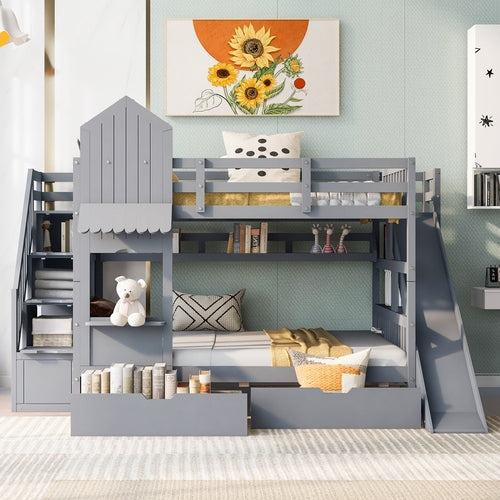 Castle-Style Bunk Bed Full Over Full – Solid Wood with Storage
