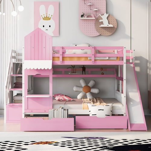 Castle-Style Bunk Bed Full Over Full – Solid Wood with Storage