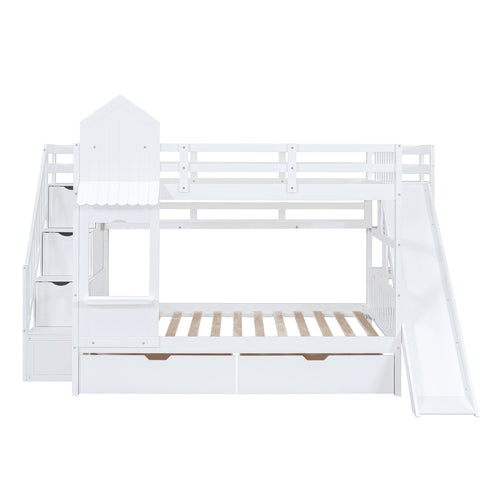 Castle-Style Bunk Bed Full Over Full – Solid Wood with Storage