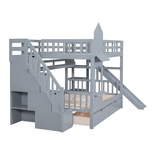 Castle-Style Bunk Bed Full Over Full – Solid Wood with Storage