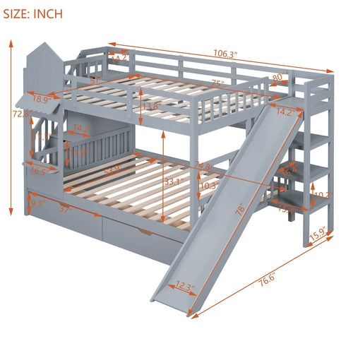 Castle-Style Bunk Bed Full Over Full – Solid Wood with Storage