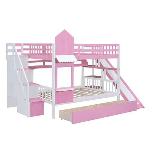 Castle-Style Bunk Bed Full Over Full – Solid Wood with Storage