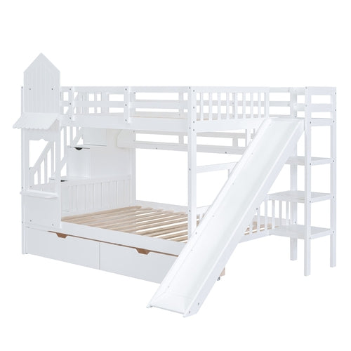 Castle-Style Bunk Bed Full Over Full – Solid Wood with Storage