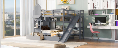 Castle-Style Bunk Bed Full Over Full – Solid Wood with Storage