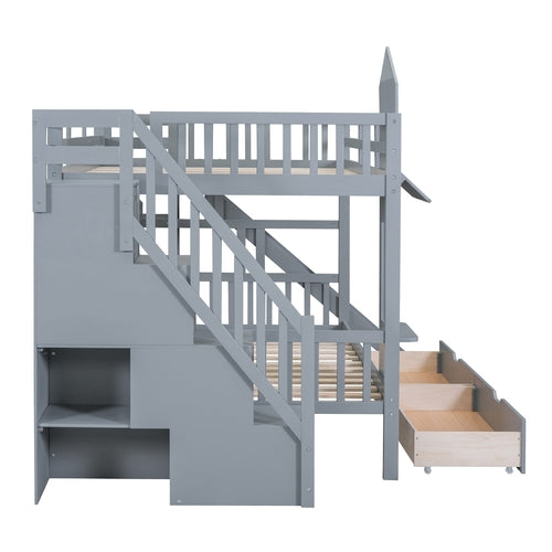 Castle-Style Bunk Bed Full Over Full – Solid Wood with Storage