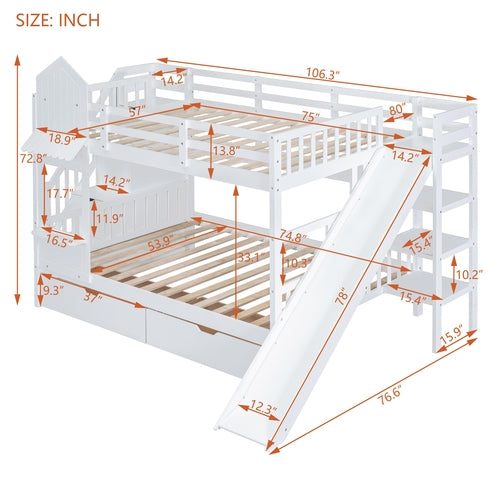 Castle-Style Bunk Bed Full Over Full – Solid Wood with Storage