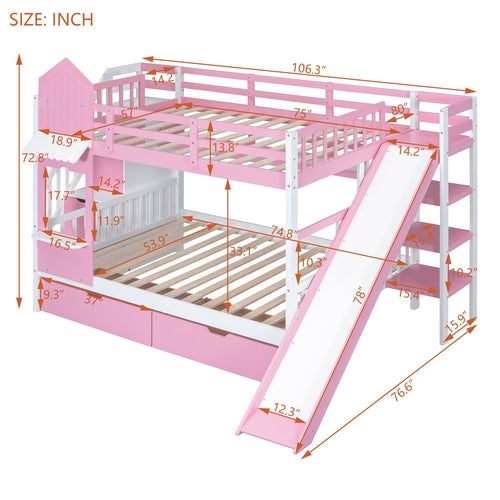 Castle-Style Bunk Bed Full Over Full – Solid Wood with Storage