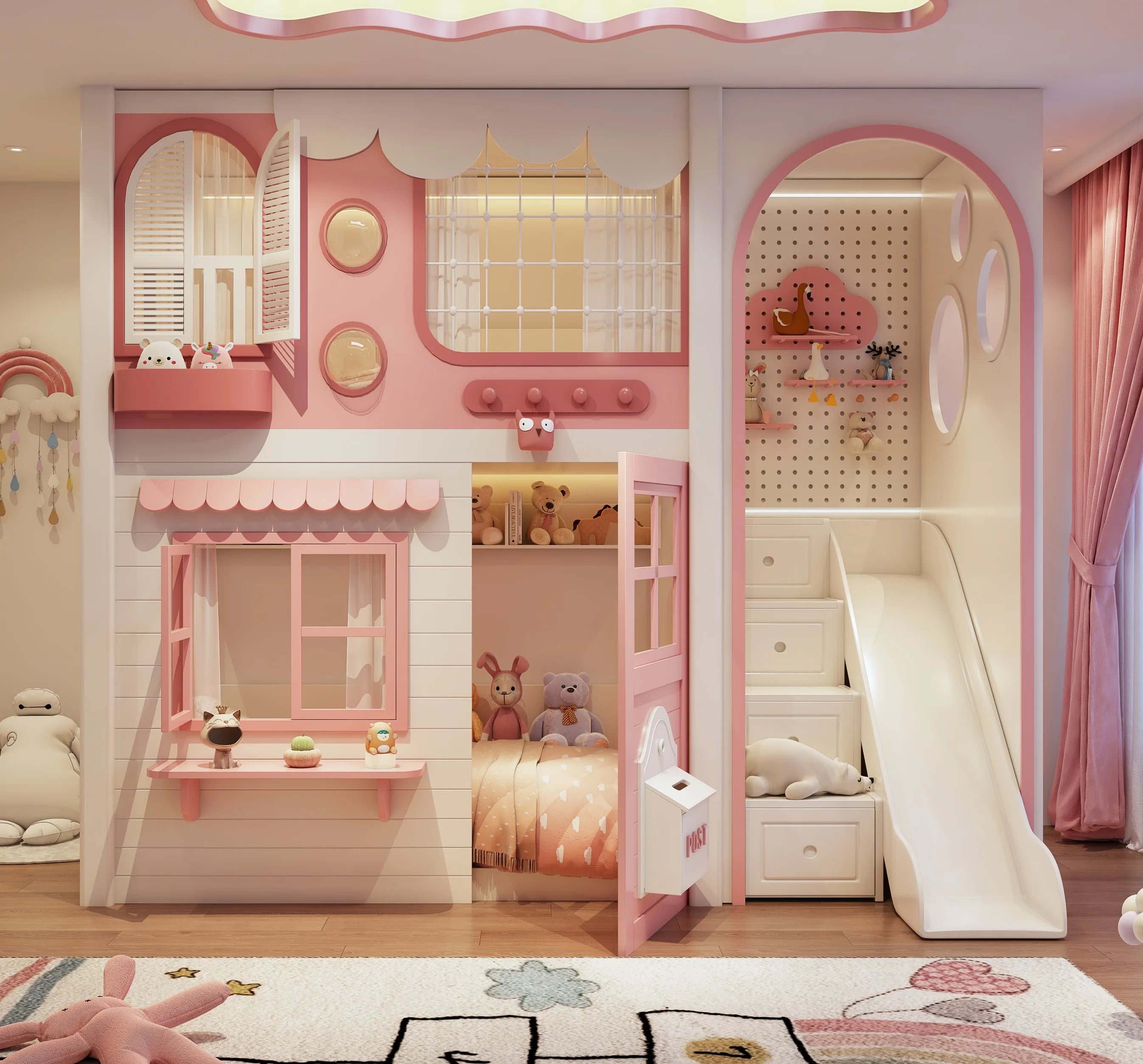 Pink Cloud Kids Bunk Bed with Storage Stairs & Pegboard (Europe exclusive)