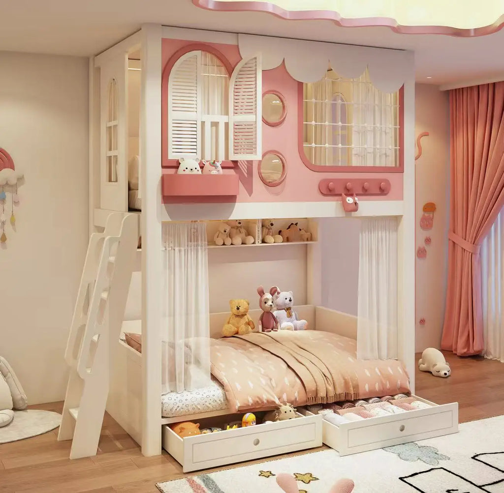 Pink Cloud Kids Bunk Bed with Storage Stairs & Pegboard (Europe exclusive)