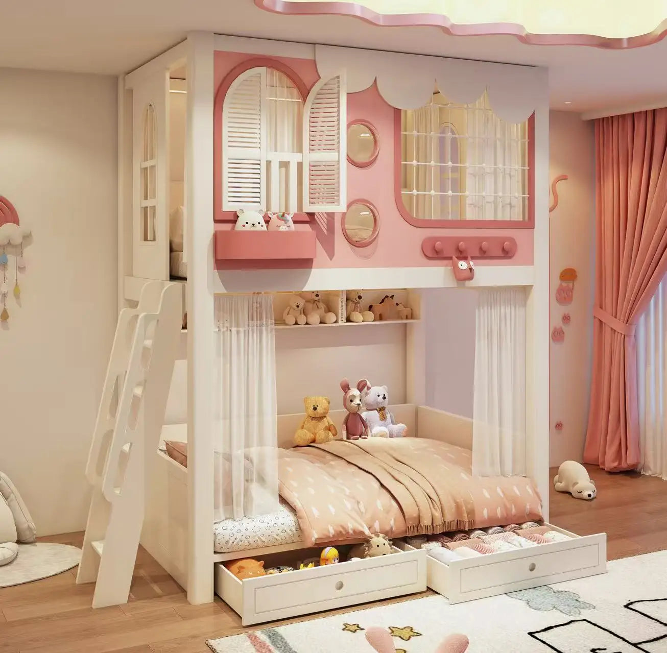 Pink Cloud Kids Bunk Bed with Storage Stairs & Pegboard (Europe exclusive)