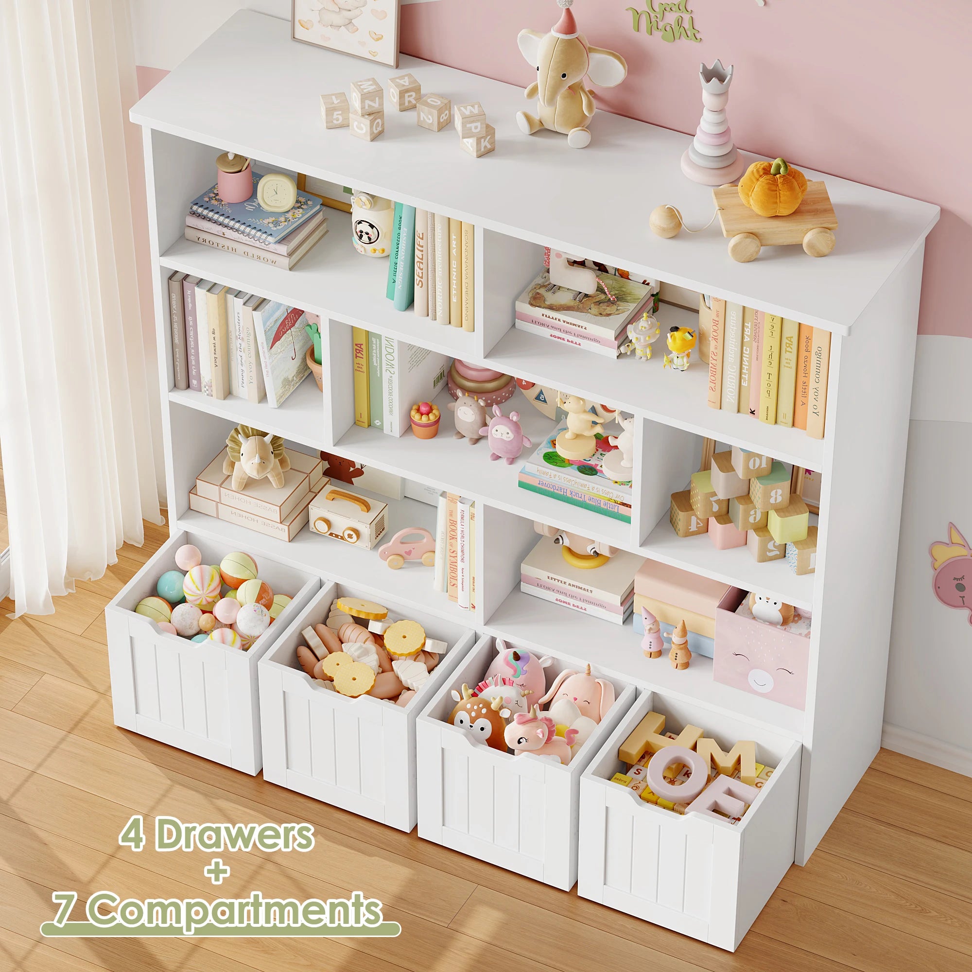 Kids Toy Storage Unit with Drawers & Shelves – White/Pink, 125x118 cm