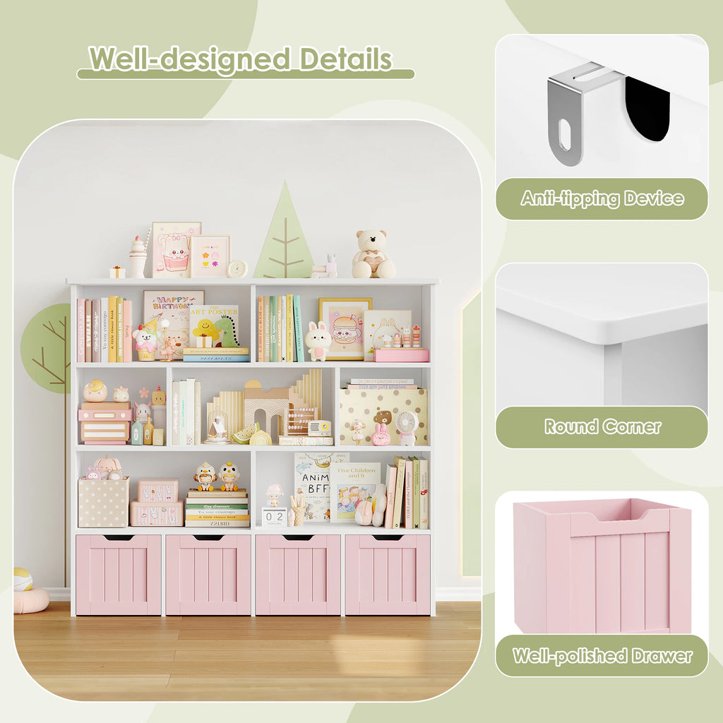 Kids Toy Storage Unit with Drawers & Shelves – White/Pink, 125x118 cm