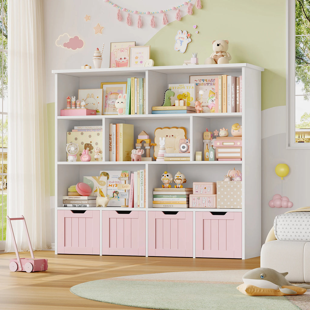 Kids Toy Storage Unit with Drawers & Shelves – White/Pink, 125x118 cm